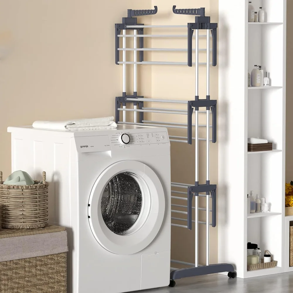 Clothes Rack, 4-Tier Foldable Drying Rack, Movable cloth drying stand with 4 castors. Stainless Steel Laundry Drying Rack 3