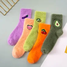 

5Pairs/Lot Fruit Avocado Candy Warm Lady Winter Kawaii Thick Casual Women Socks Fuzzy Fluffy Terry Warm Cotton Socks