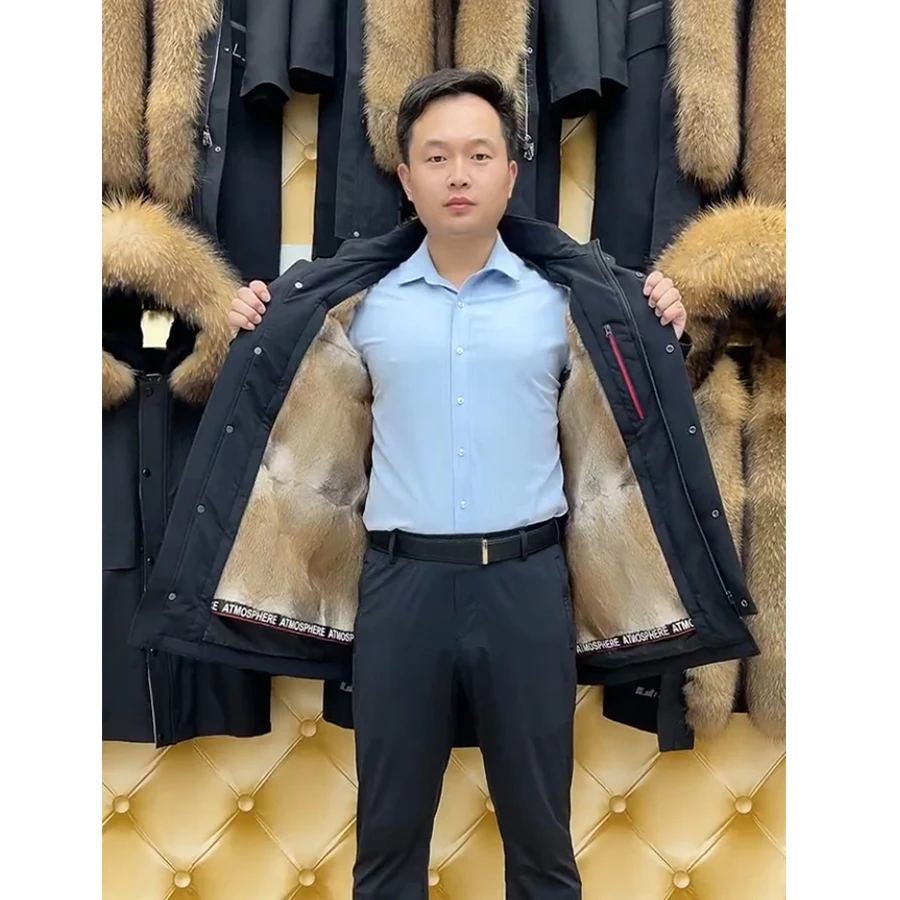 

Men's Winter Parka Natural Muskrat Fur Liner Coat New Hooded Business Jacket Oversize Outwear Fast Shipping