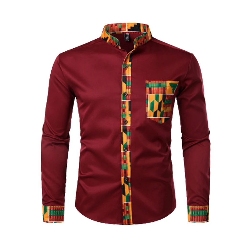 thumbnail image 1 of Conjunto de disfraz con patrón kente africano de 3 piezas con camisa abotonada, sombrero Kufi, bufanda, estola, faja, traje para fiesta del Mes de la Historia Negra, 1 of 5