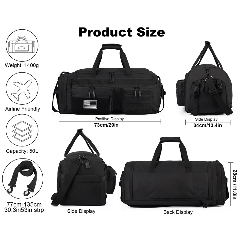 Tactical 50l Travel Duffel Backpack With Shoe Compartment Large_voghion.com