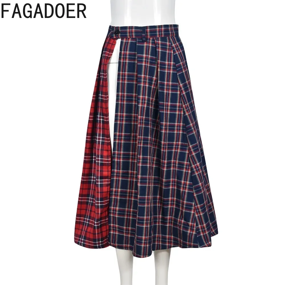 FAGADOER Fashion Streetwear Women High Waisted Plaid Splicing Print Side Slit Mid Skirts Casual Female Y2K Matching Bottoms 2023 5