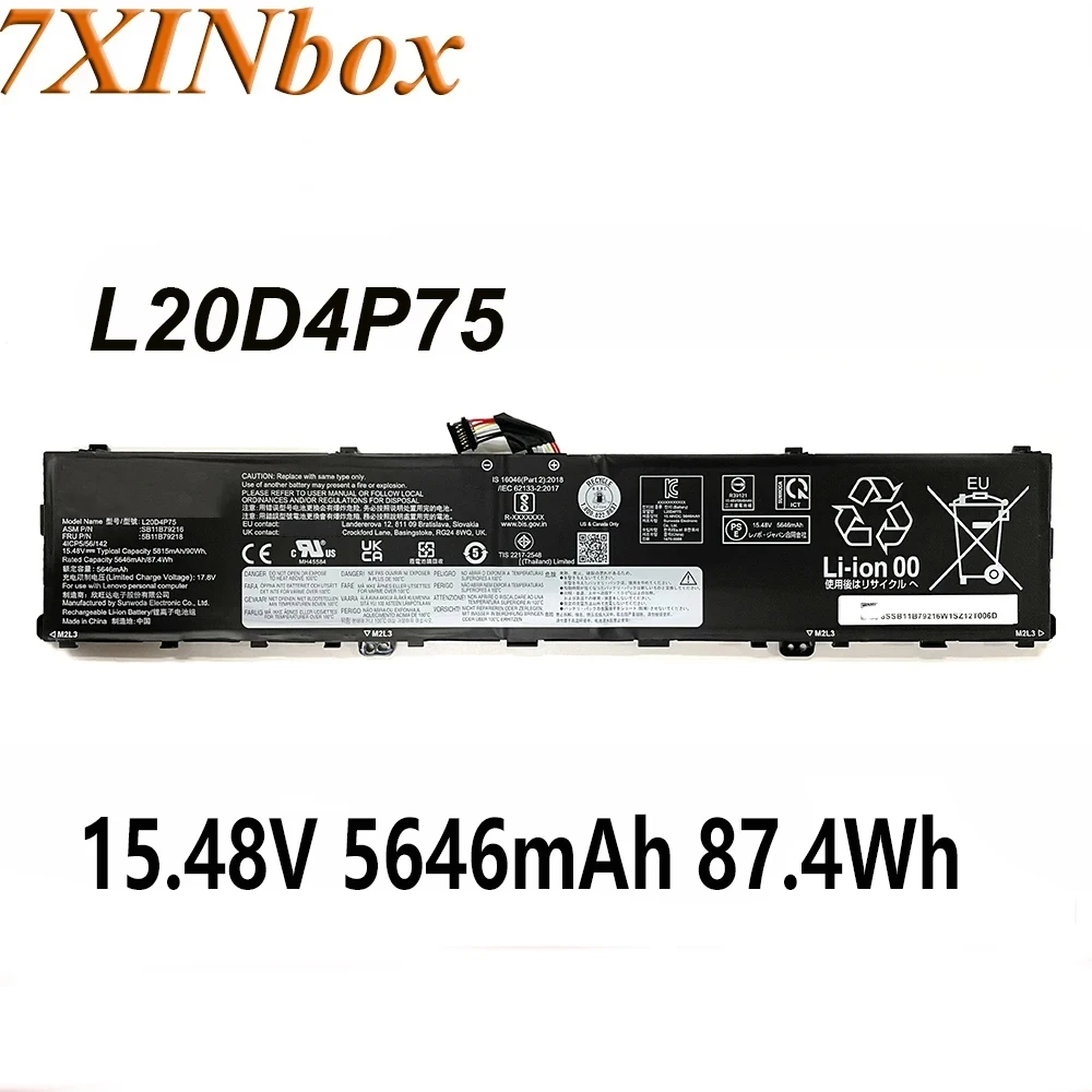 

7xinbox L20D4P75 L20M4P75 15,48 V 5646mAh 87.4Wh Оригинальный аккумулятор для ноутбука Lenovo ThinkPad P1 G4 Series G4 20Y30003GE