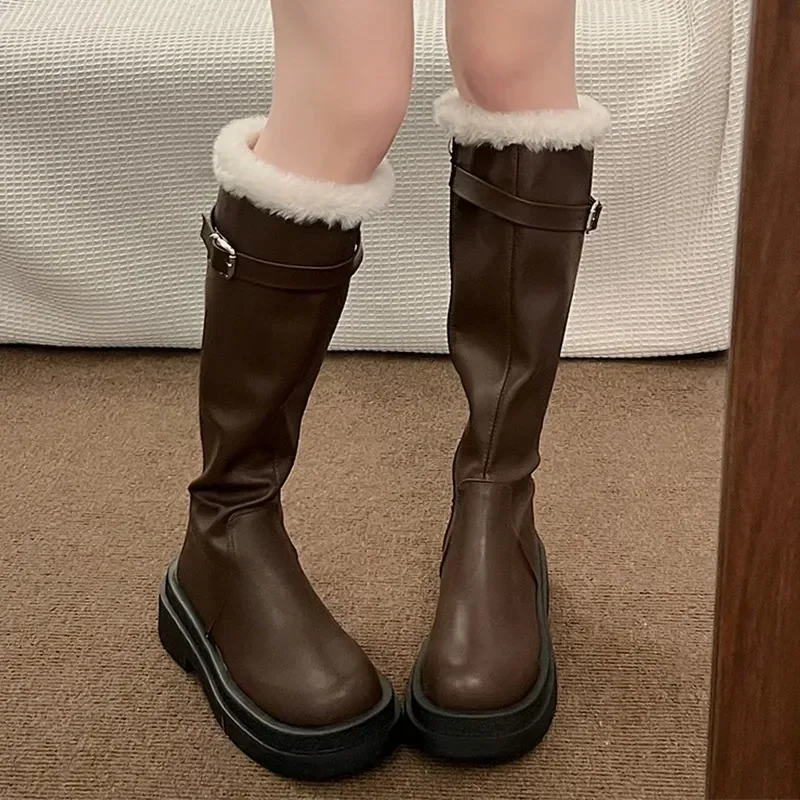 Chelsea Long Boots Women Fur Knee High Shoes New Winter Designer Warm Short Plush Motorcycle Boots Platform Flats Booties Femme