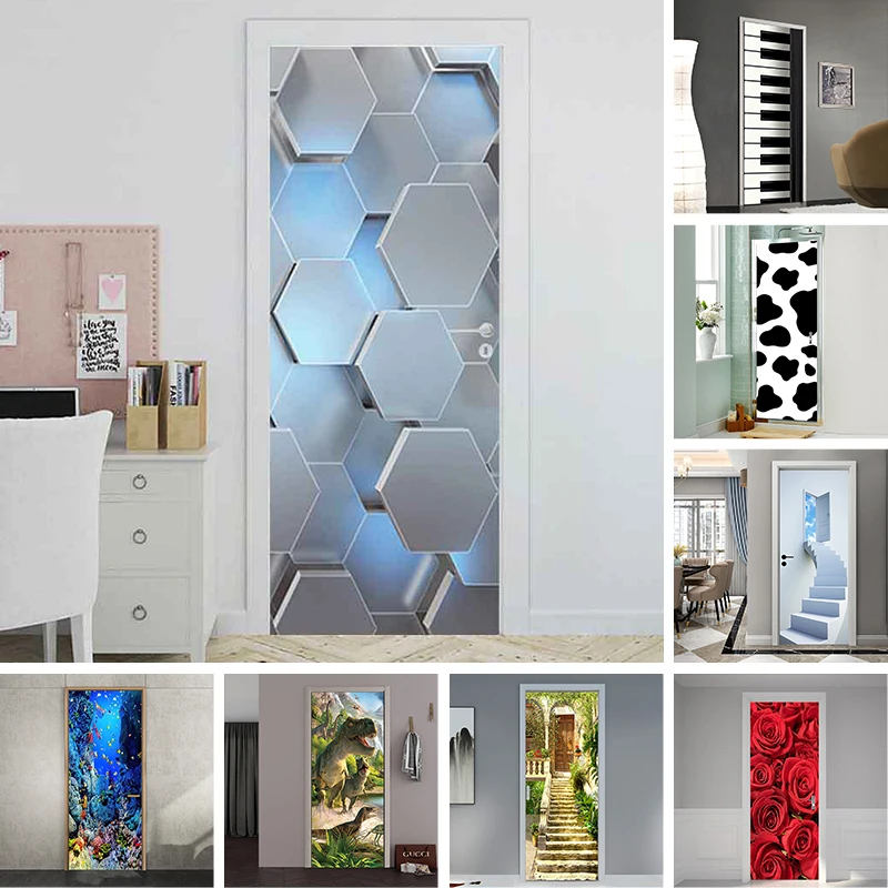 

Modern Geometric Door Sticker Self Adhesive Vinyl Retro Stair Pattern Wall Sticker Waterproof Natural Scenery Home Decor Decal
