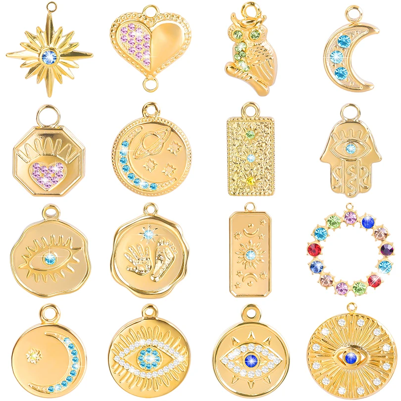 6pcs Stainless Steel Diamond Pendants Charms Rhinestone Owl Crescent Moon Evil Eye Hamsa Jewelry Decor DIY Making Necklace Gifts