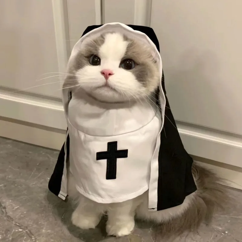 Nun Costume for Cat & Dog - Breathable Funny Pet Clothing, Small Medium Size Cosplay Photo Props Viral TikTok Instagram
