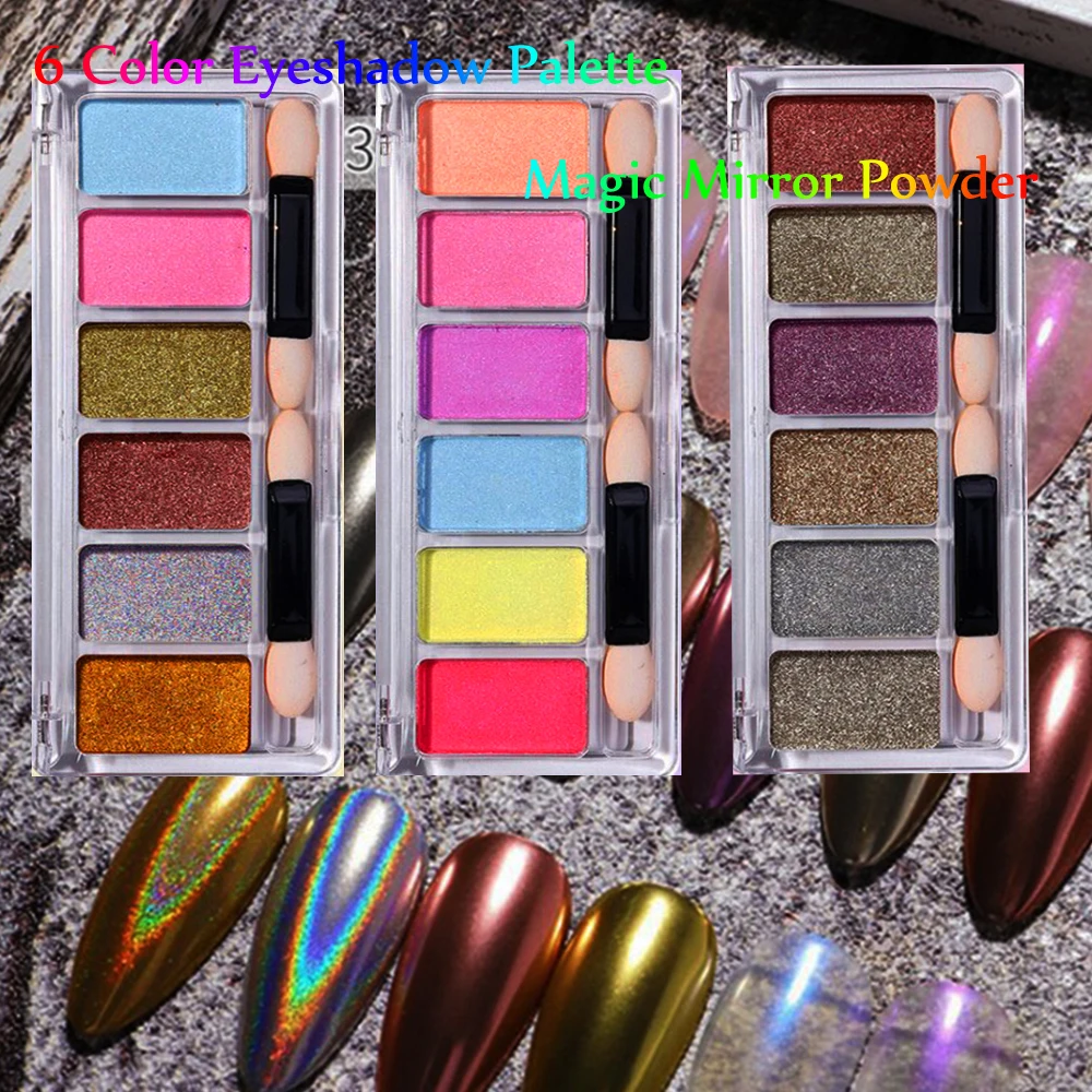 

6/4 Colors Eyeshadow Palette Magic Mirror Powder Set Soild Metallic Effect Rainbow Chrome Pigment DIY Christmas Nail Dust &*&