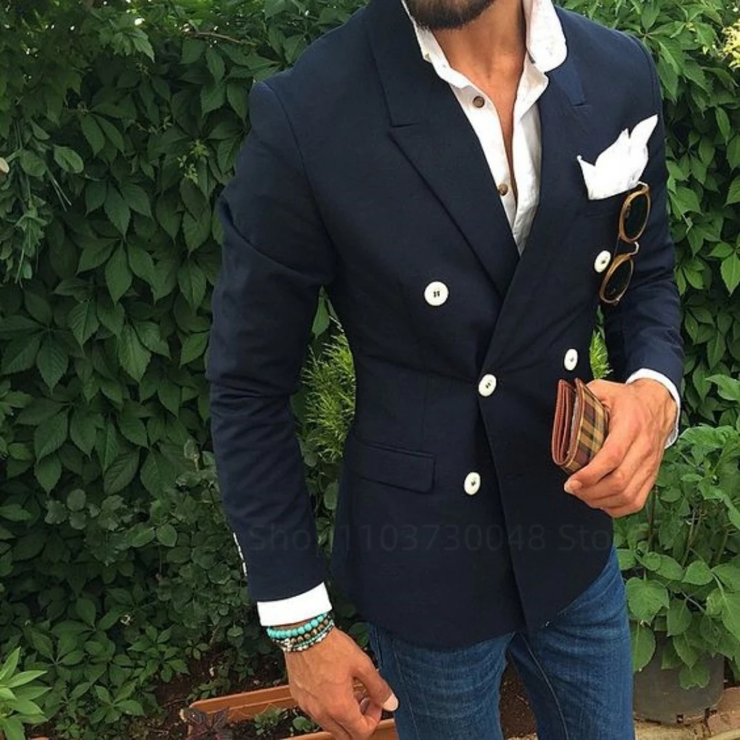 Navy Blue Blazer for Men Peak Lapel Double Breasted Dinner Prom Jacket Elegant Smoking Slim Fit Suit Coat for Wedding/Business