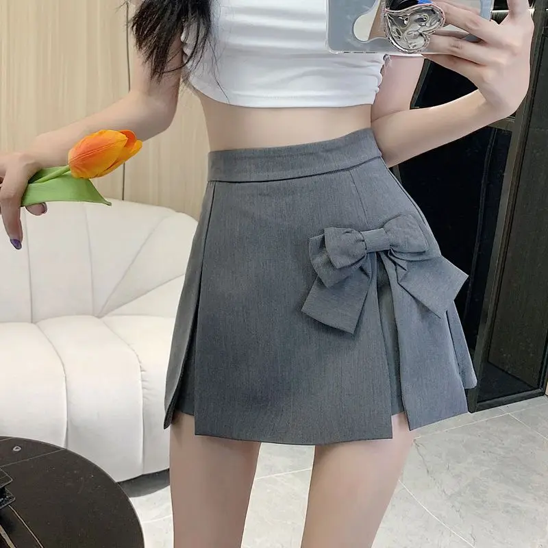 Deeptown Pleated Women Skirt Shorts Coquette Bow Grey Kawaii Short Skirt Cute Sweet Preppy Style Korean Fashion Irregular Skirt