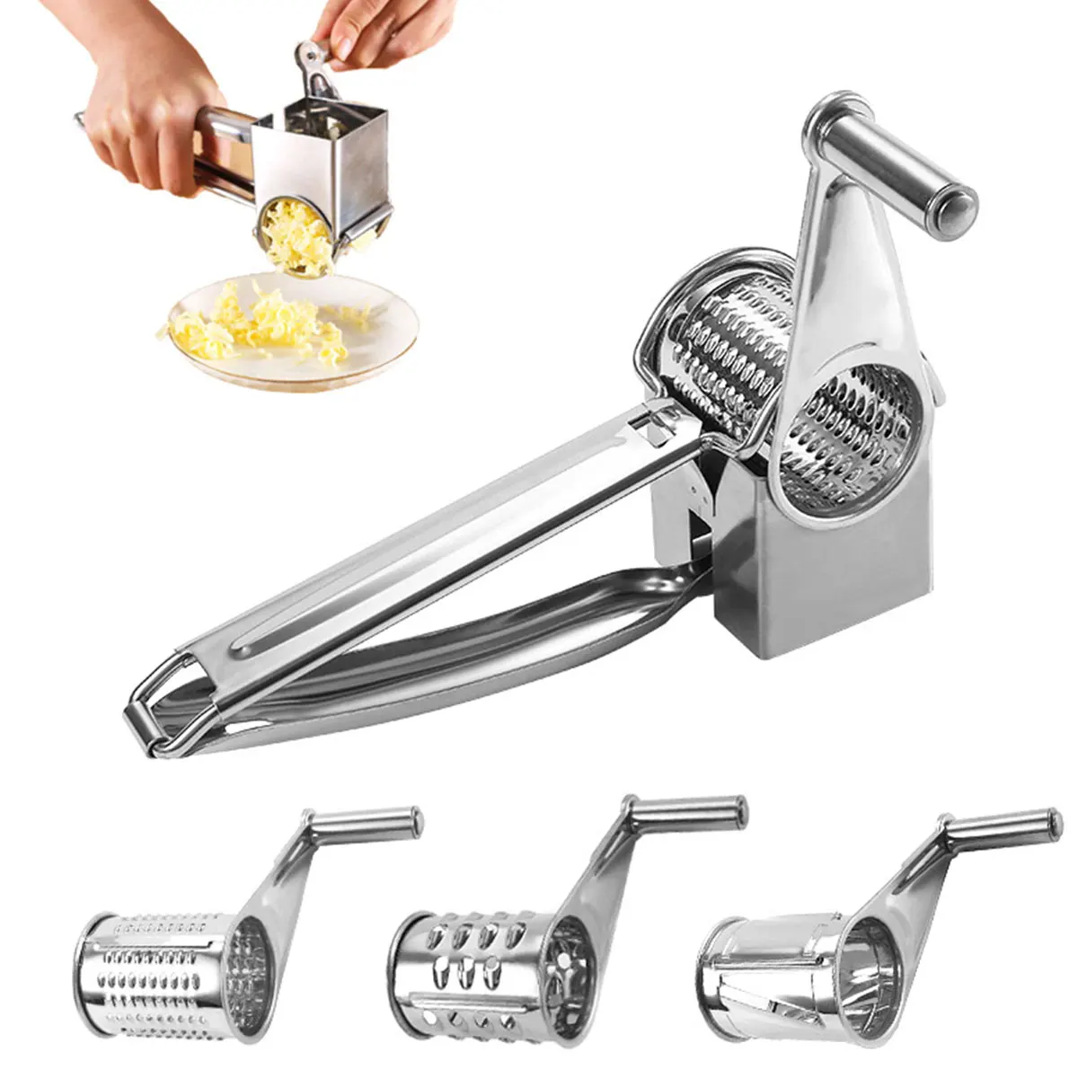 Rotary Cheese Grater 3 Interchangeable Drum Blades Reusable Stainless