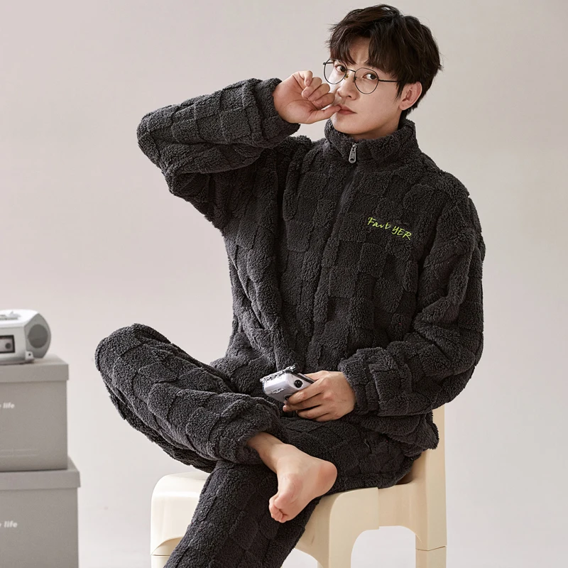 남성용 두꺼운 양털 잠옷 세트, 겨울 산호 양털 지퍼 라운지웨어, 따뜻한 캐주얼 플란넬 라운지 세트, 잠옷, 드롭쉽