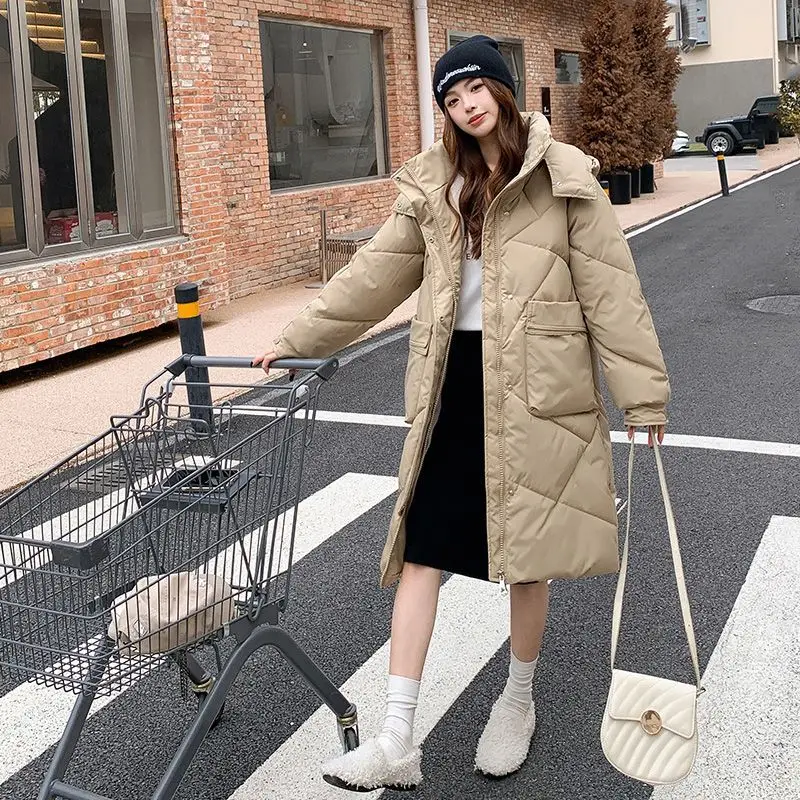 Зимняя женская куртка, женская одежда, длинное пальто с хлопковой подкладкой, куртка-пуховик оверсайз с капюшоном, парка с большими карманами и длинными рукавами, черный, белый