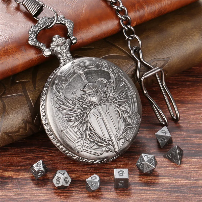 Bronze geschnitztes Paladin-Taschenuhrengehäuse, Fob-Kette, 7-teiliges polyedrisches Würfelset aus Metall für Unterhaltung, Rollenspiele, Gaming-Würfel – Detail 6