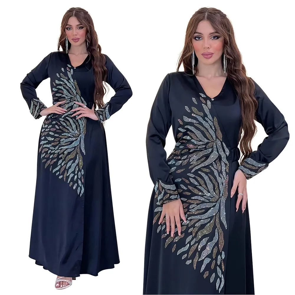 

Middle Eastern Fashion Diamond Abaya Satin Evening Gown Dubai Arabian Cardigan Robe Long Sleeves Luxury Ramadan Dresses