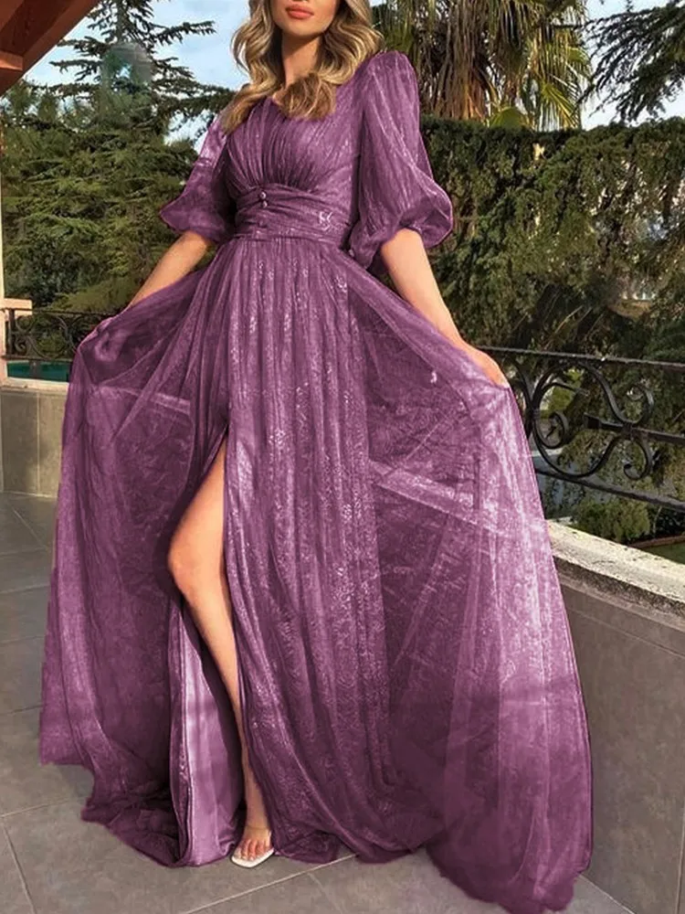Vestidos de Baile Pescoço da Dama de Honra Novo Estilo Sexy Renda Roxa Malha Meia Mangas Senhora Elegante Fenda v Robes Noite Festa Aniversário 2022 2 Home & Garden