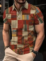 Mode élégant Harajuku coupe ajustée Ropa Hombre ample décontracté tout Match treillis hommes POLO imprimé bouton à manches courtes hauts 3