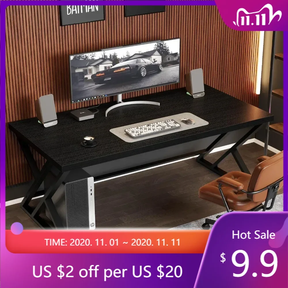 contemporary black desk for adults: spacious industrial office desk with metal and wood, ideal for studying and computing