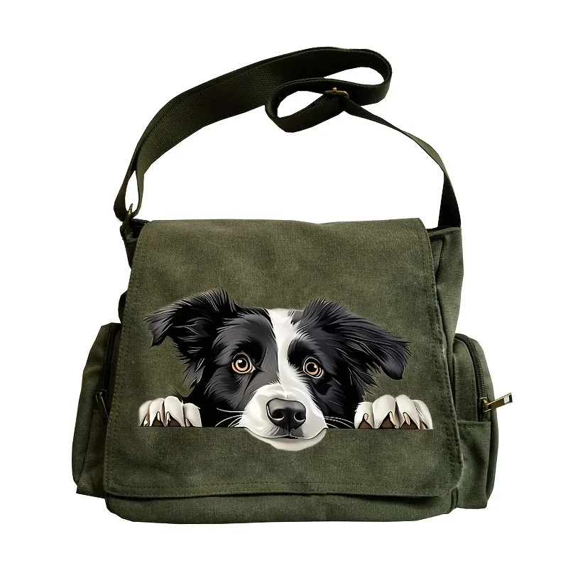 Fashion 3D Dog Print Women's Canvas Bag Multiple Pockets Army Green Shoulder Bag For Female Commuting Students Book Bag