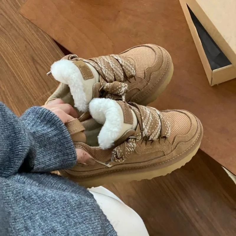 여성용 스노우 부츠 겨울 신상 레트로 라운드 토 로우탑 레이스업 따뜻한 플러시 플랫 슈즈 패션 다용도 논슬립 캐주얼 스포츠 슈즈