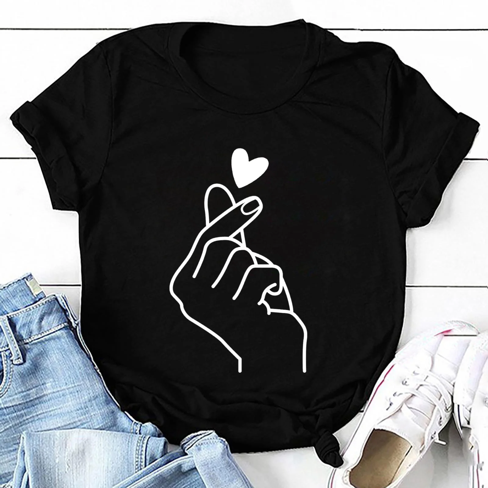 

Women's Fashion Love Gesture Print T-shirt Female Casual Short Sleeve Shirts Cute Loose T Shirts