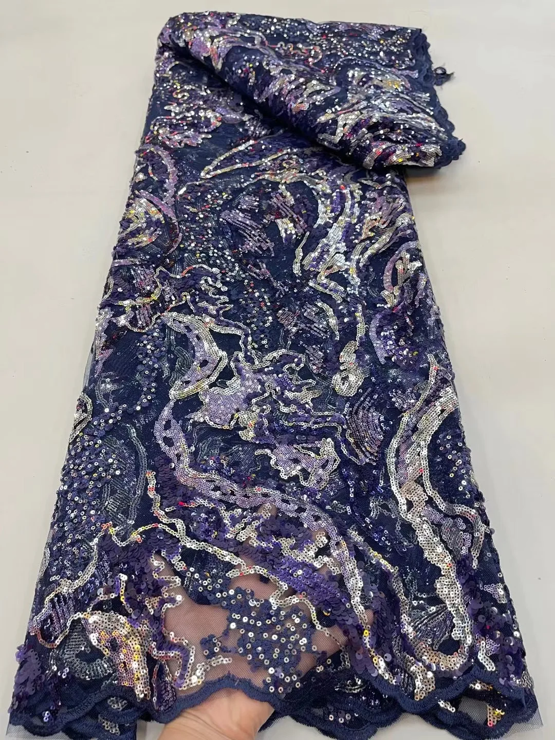 

2022 Latest French Navy Blue Hot Sale Sequin Tulle Lace African High Quality Lace 5 Yards Fabric Nigerian For Bride Dress Sewing