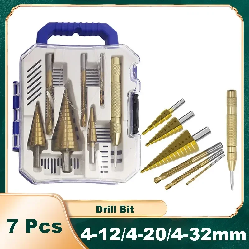 

7PCS HSS Step Drill Bit Sets Straight Groove Titanium Coated Cone Hole Cutter Automatic Center Punch Spiral Twist Saw Drill Bit