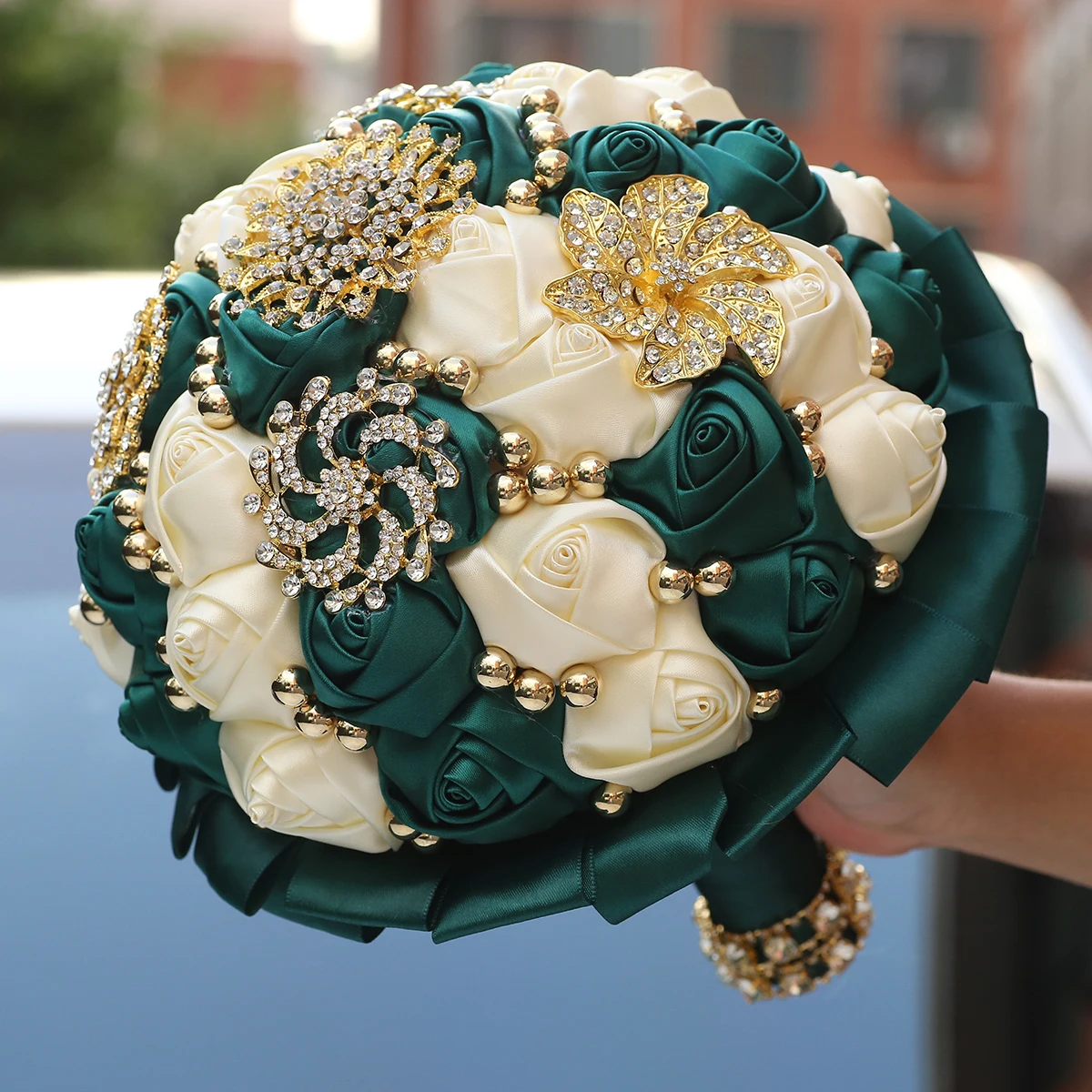 Bridal Luxury Joaquin rhinestone Pearl handmade simulation of white rosette ribbon wedding bouquet Wedding church bouquet W3218G