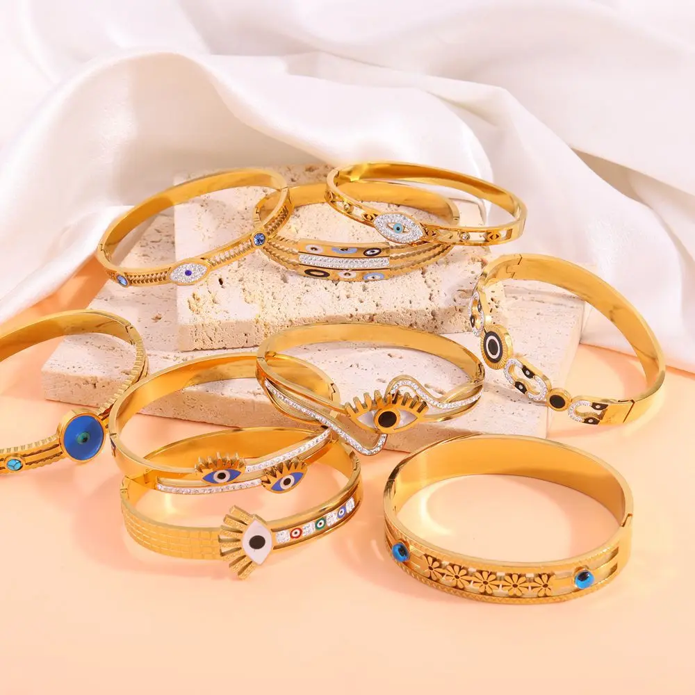 304 Stainless Steel Turkish Devil's Eye Blue Crystal Bracelet Ladies Jewelry Retro Drip Elegant Buckle Woman Bangle 4