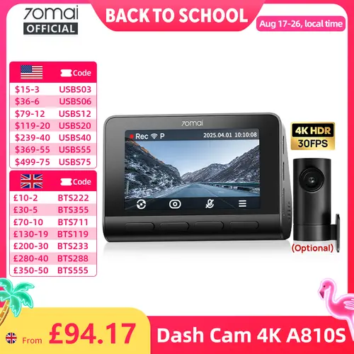 70mai A810S 4K Dash Cam IMX678 Dual HDR Supercapacitor 4G LTE Remote Control Wi-Fi 6 5GHz Voice Control GPS ADAS Car Camera