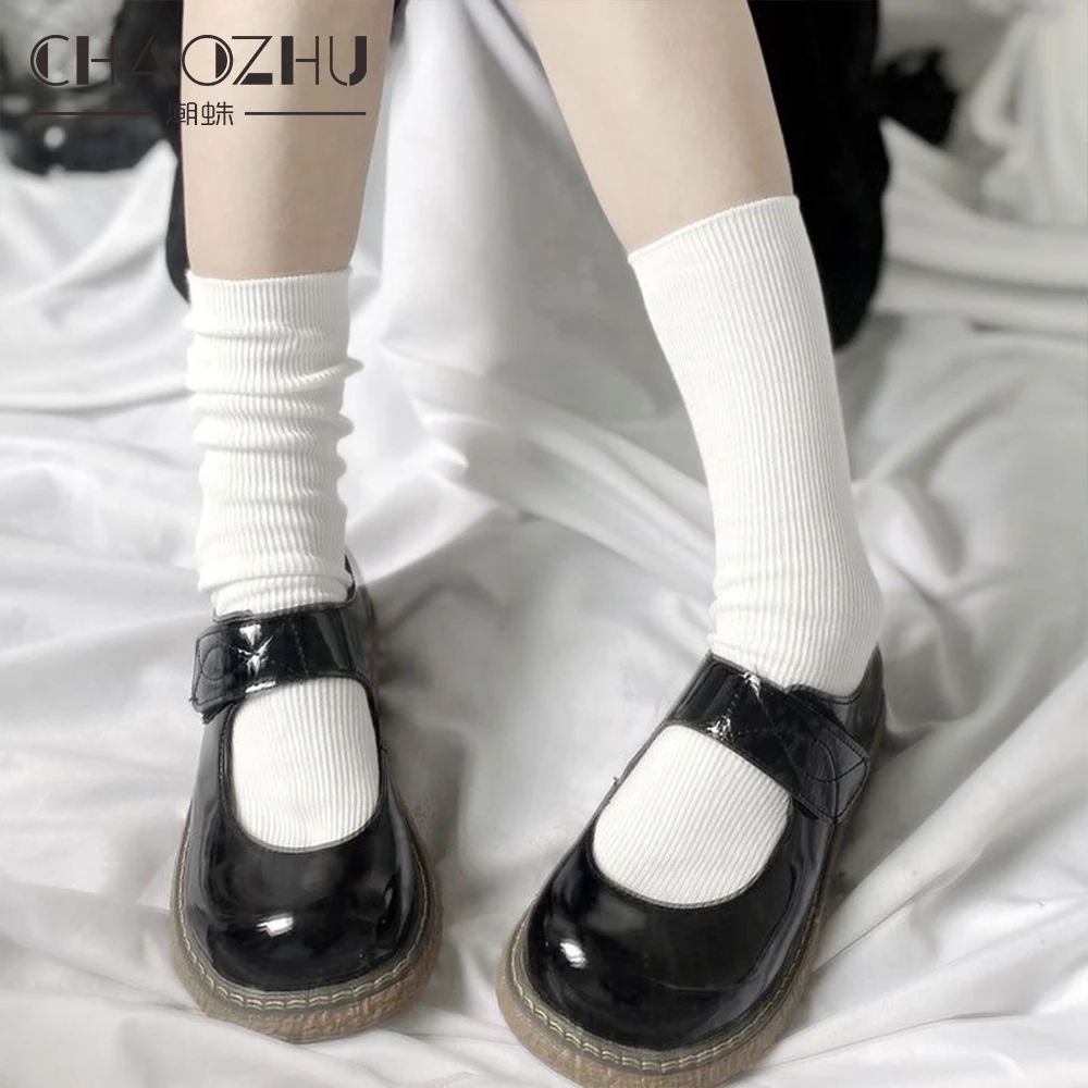 

Black White Jk Uniform CHAOZHU School Girls Lolita Cosplay Accessories Socks Girls Cotton Knitting Lace Top Loose Rib Sockken