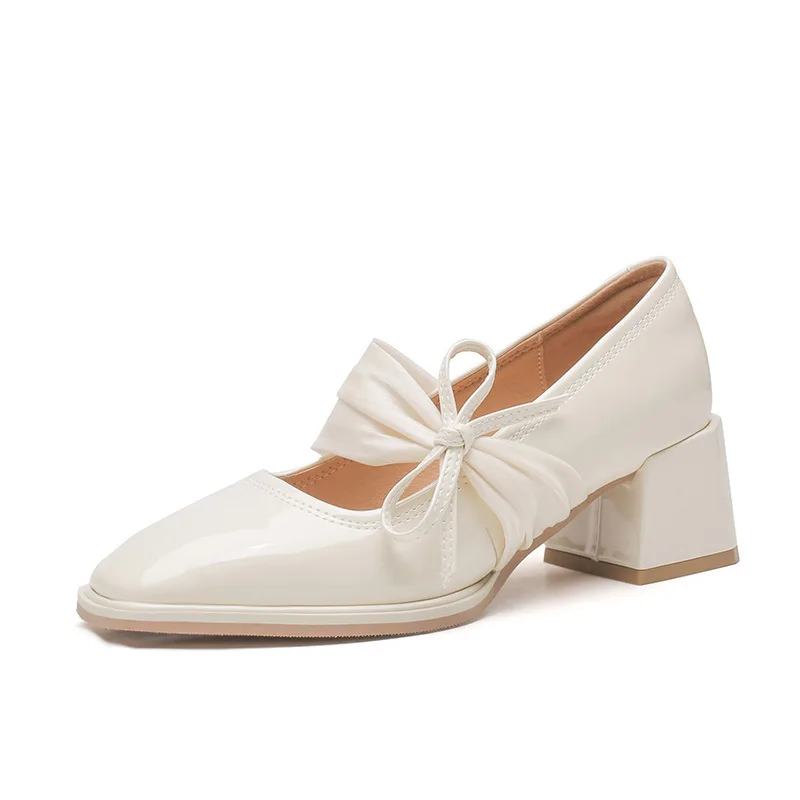 2023 Spring New Mary Jane Shoes High Heel Single Shoes Square Head Shallow Mouth Thick Heel Bow Patent Leather Shoe