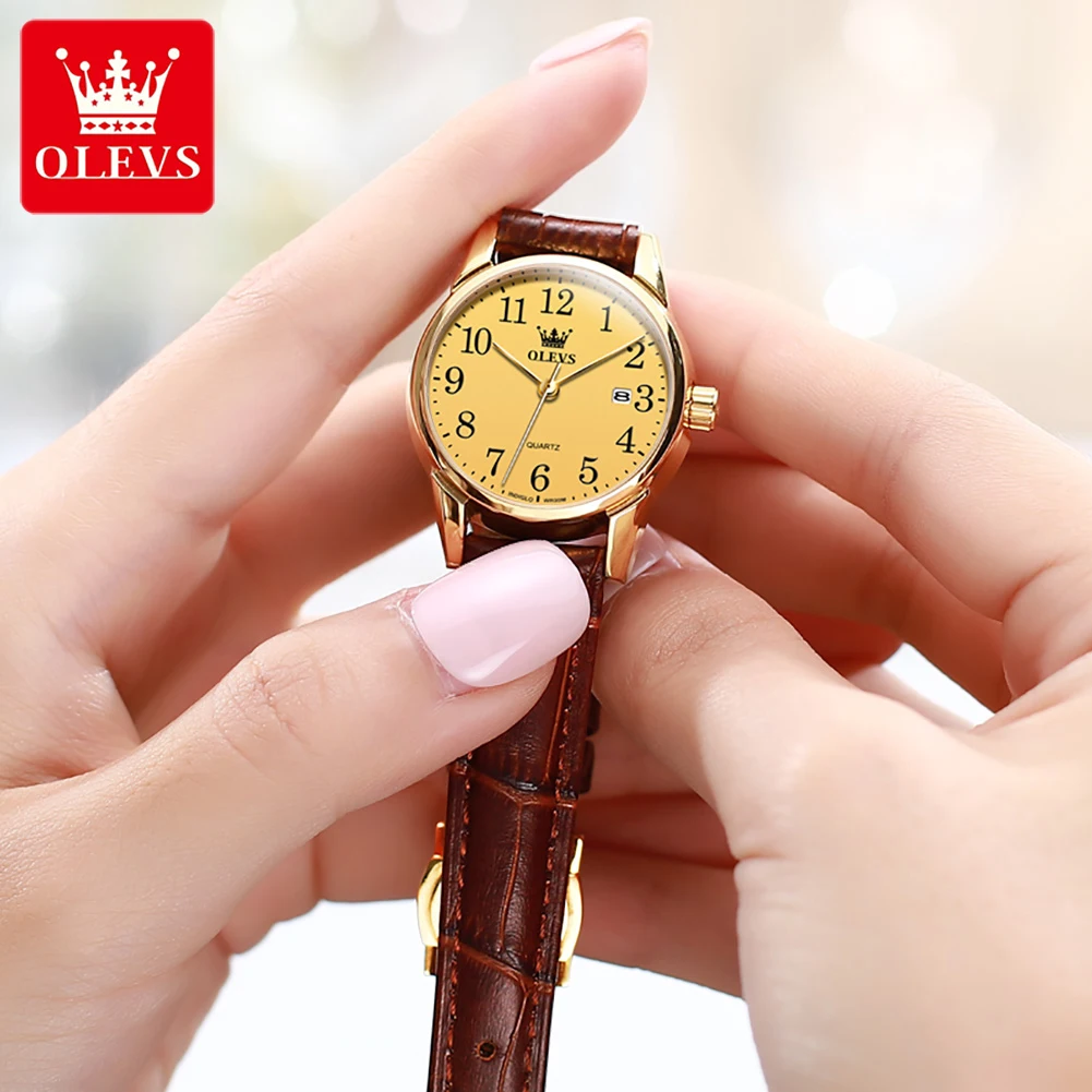 OLEVS 5566 Fashion Business Golden Watch for Women Luxury Brand Leather Strap Waterproof Ladies Quartz Wristwatch Woman Clock