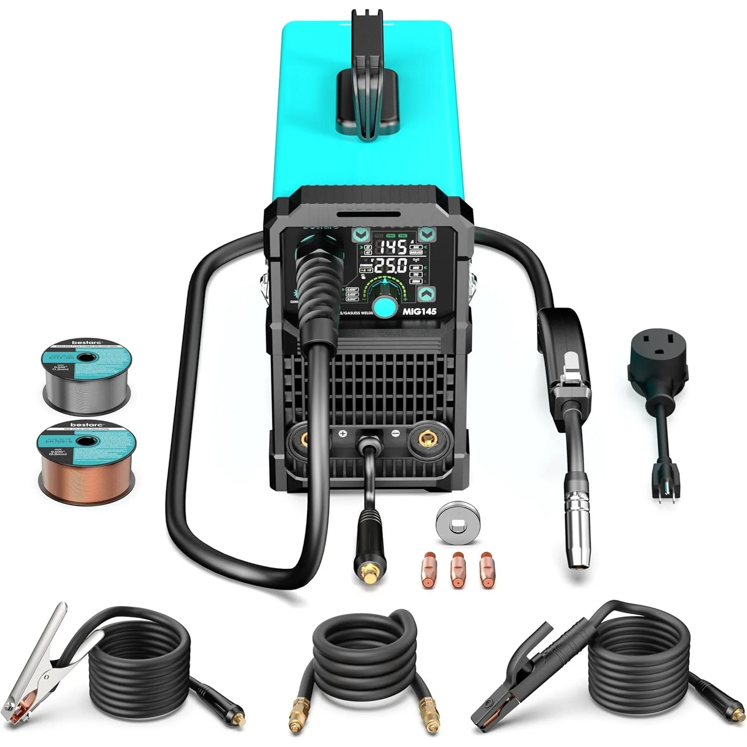 145A MIG Welder 110V/220V Dual Voltage Gas/Gasless Flux Core MIG /Lift TIG/Stick 3 in 1 Synergic MIG145 9GEN Welding Machine 6