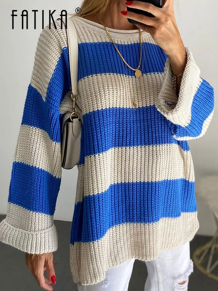 

Fatika Classic Striped Sweater Loose Pullovers O Neck Jumper Hot Casual Tops New Autumn Winter Female Clothing