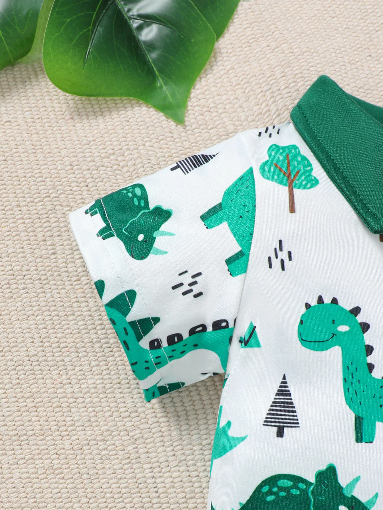 Baby Boy Summer Outfit 2-Piece Set Cartoon Dinosaur Print Polo Short Sleeve Romper with Fashionable Cute Overalls 4