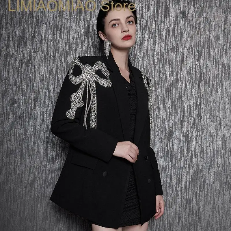 New Fashion Women's Black Blazer Notched Collar Long Sleeve Luxury Handmade Butterfly Crystal Beading Blazers Lady Jacket