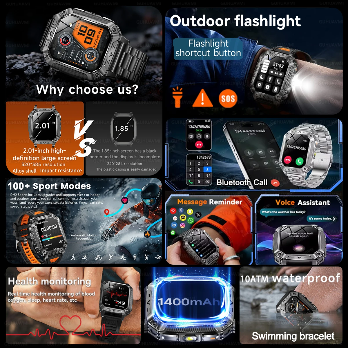 2026 New 1400mAh Large Battery Military Outdoor 2.01 inches Smart watch Men 10ATM Waterproof Bluetooth Call Sports Smart Watch 2