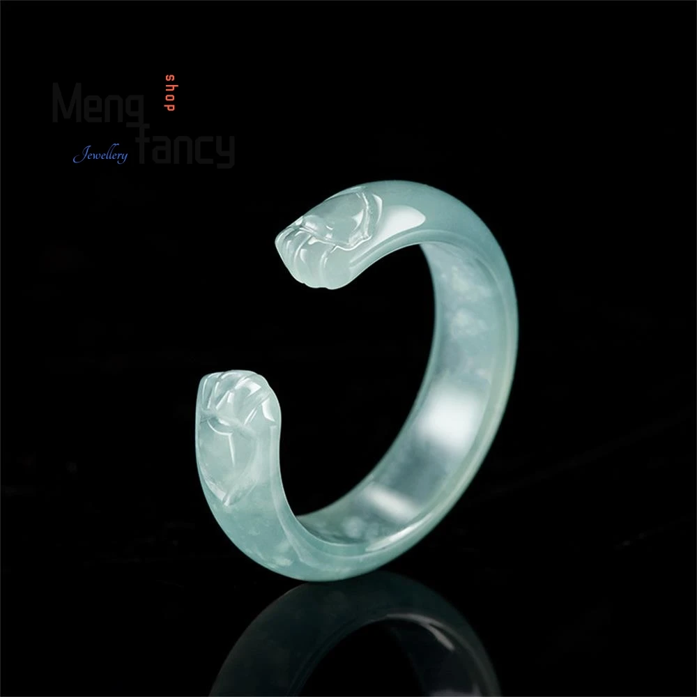 High-grade Natural A-goods Jadeite Blue Water Cat Claw Three-dimensional Carving Ice Jade Ring Cute Fashion Jewelry Holiday Gift