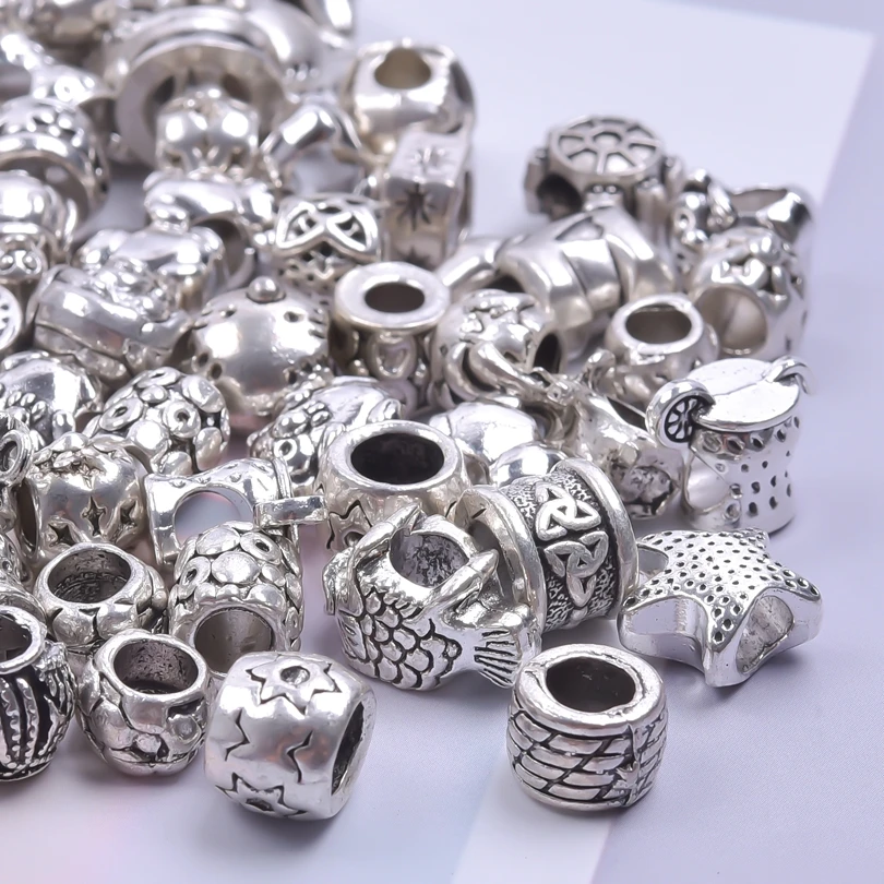 

30/50pcs Mix Starfish Large Hole Beads Tibetan Silver Spacer Bracelets Alloy Animal,Flower Spinner Jewelry Making Charms Craft