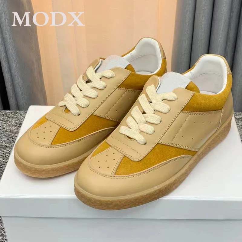 

Couples German Training Shoes Fashion Splicing Soft Comfortable Flat Retro Sneakers Genuine Leather Suede Lace-up Casual Shoes