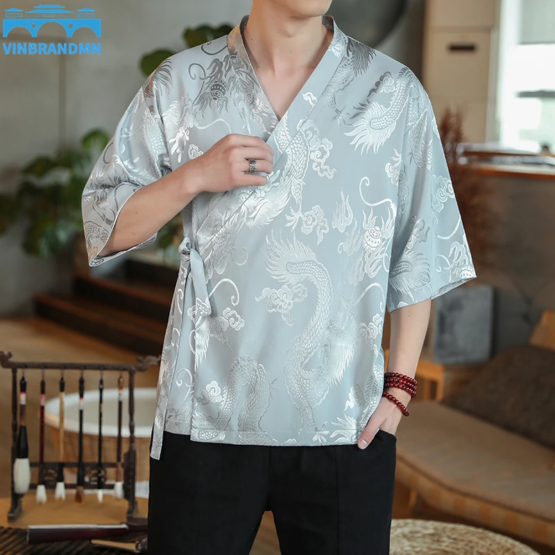 

2022 Summer Men Chic Dragon Print Kimono Shirt Men Vintage Hanfu Blouse Male Half Sleeve Chinese Style Open Stitch Tops M-5XL