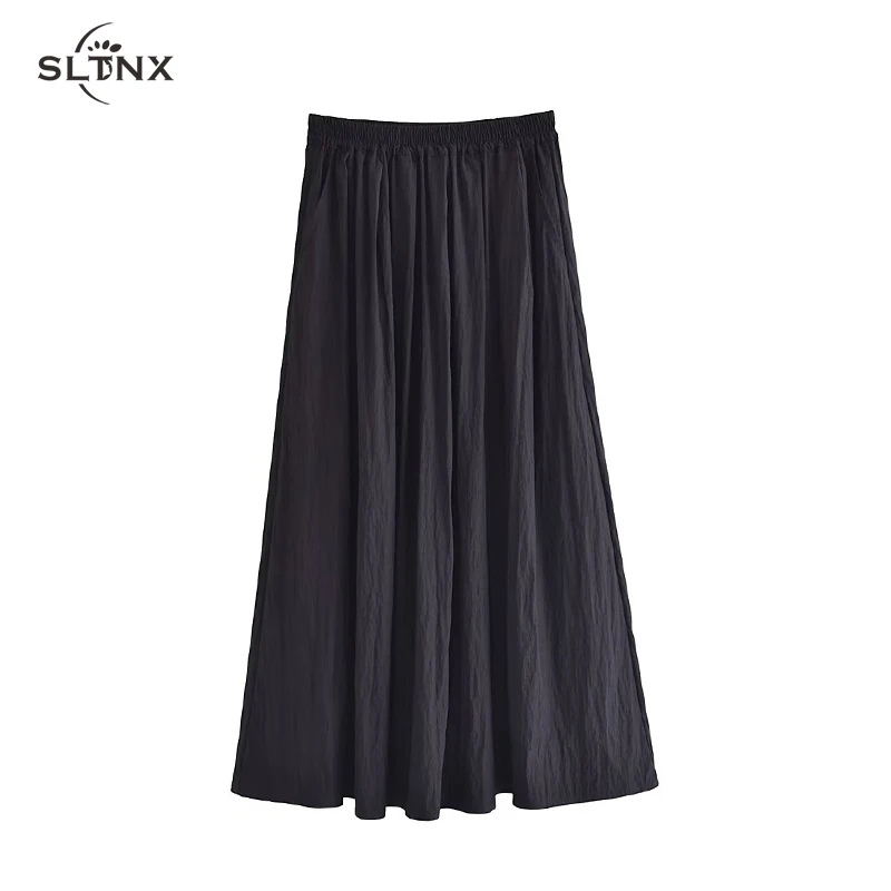 

SLTNX Long Skirts for Women Fashion 2023 Summer Black A-Line Skirt Female Chic Elegant Casual Maxi Skirt Ladies Folds Skirts