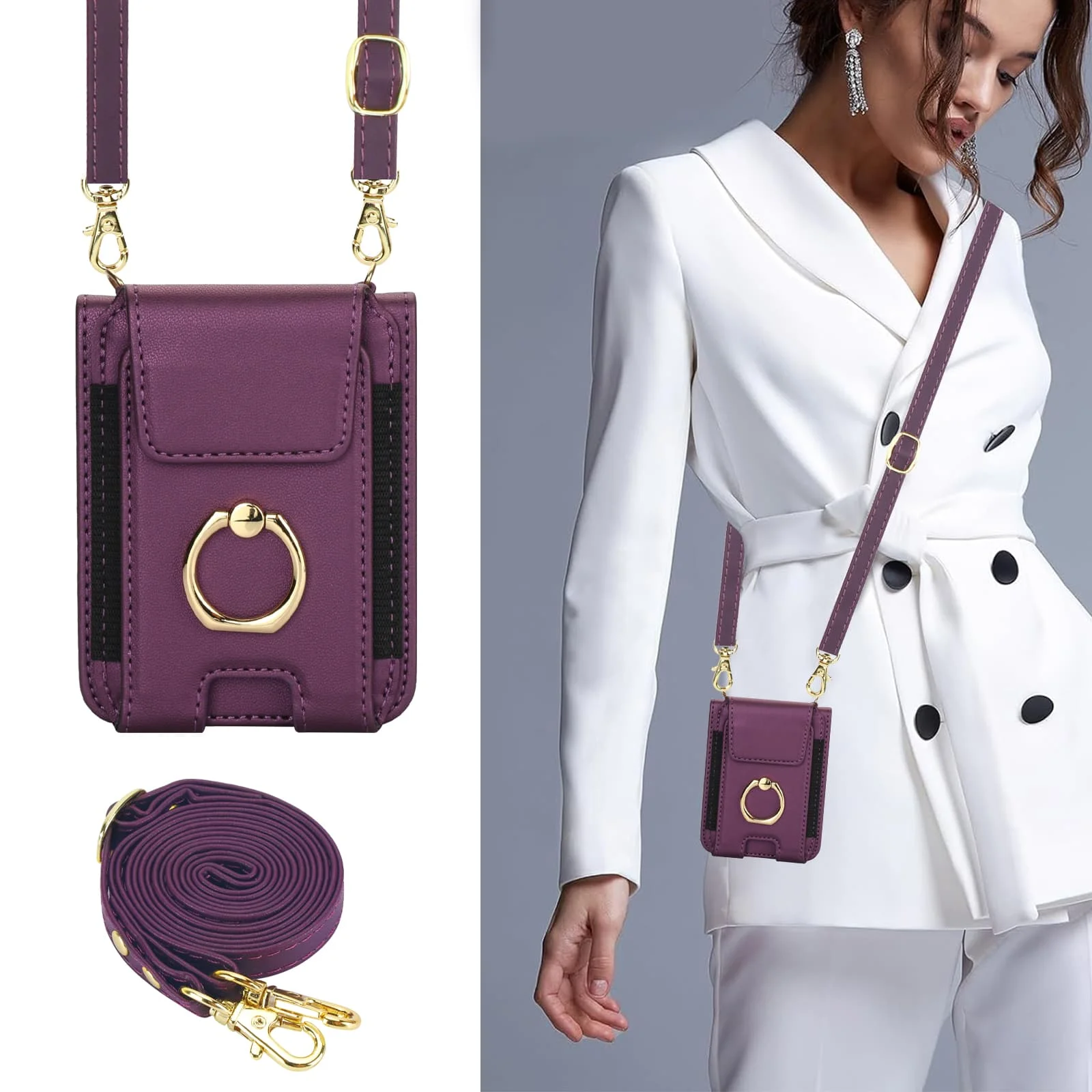 Crossbody Leather Wallet Case with Ring Holder & Card Slot - Long Lanyard Design