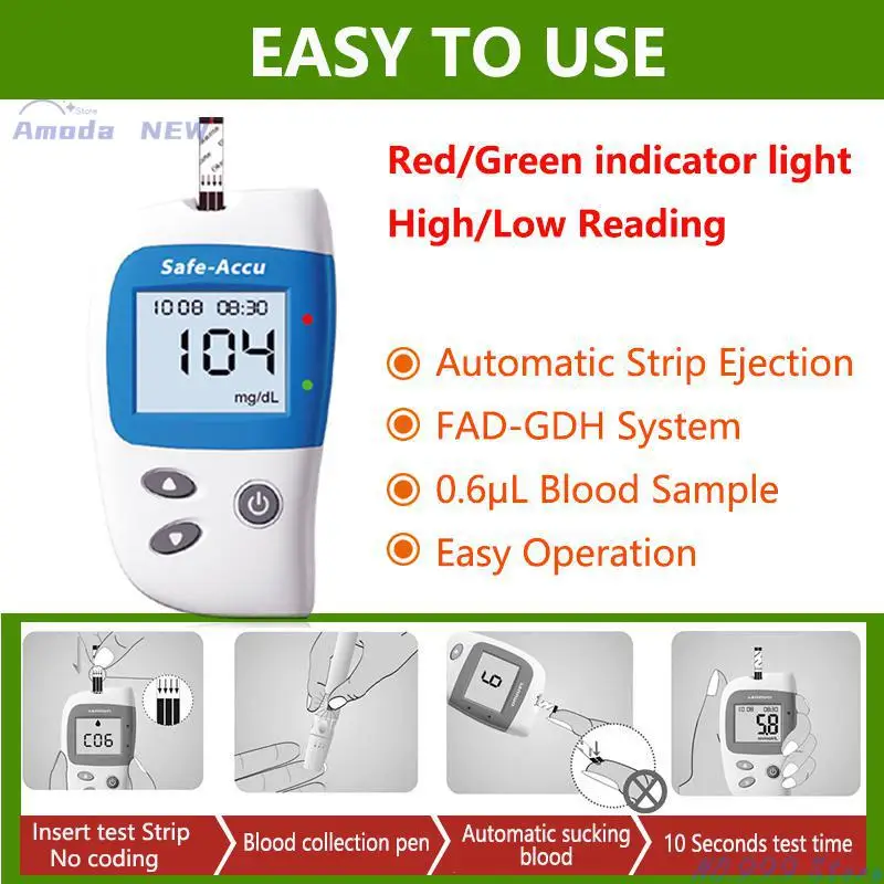 Safe Accu2 Blood Glucometer With 50/100 Test Strips And Lancets Needles Blood Glucose Medical Pvc 200 Set With Date & Time 0.6u