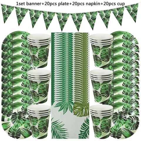 

61pcs Tropical Summer Hawaiian Luau Party Decoration Palm Leaf Disposable Tableware Paper Plate Cup Birthday Party Wedding Decor