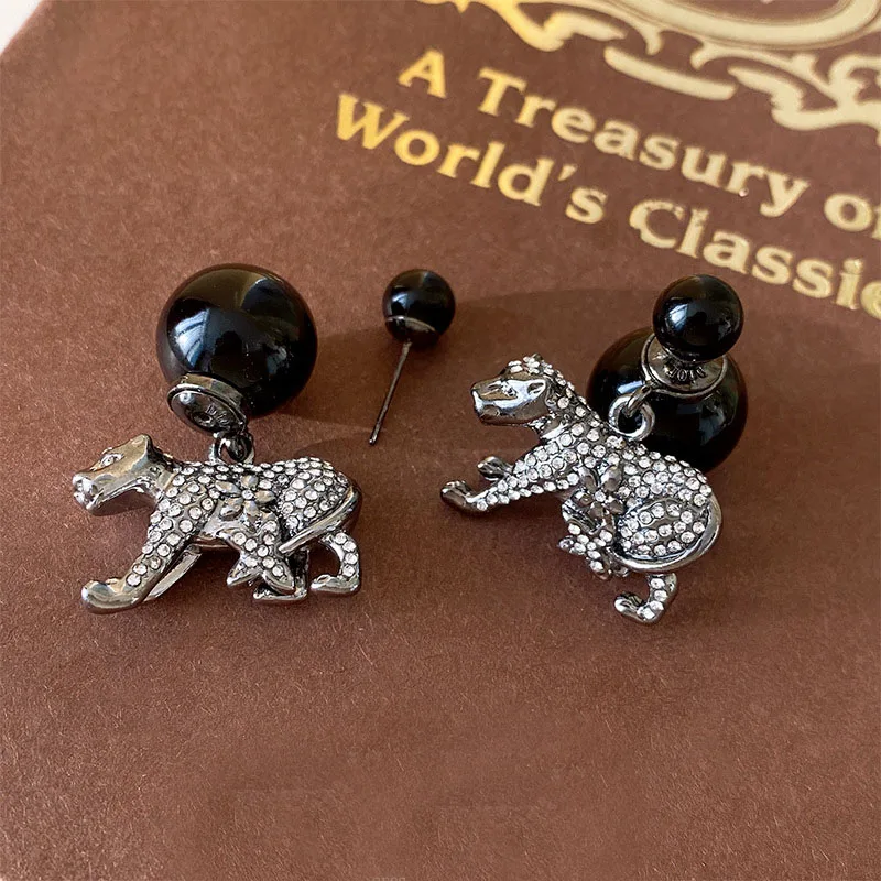 S3391 Rhinestone Leopard Dangle Earrings S925 Silver Needle For Women Ball Beads Stud Earrings