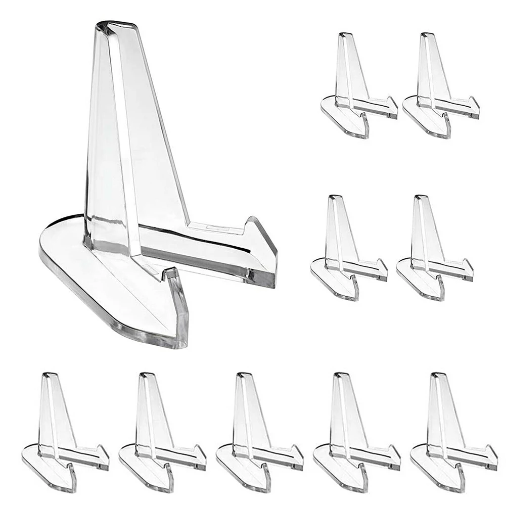 Clear Triangle Acrílico Coin Display Stand, titulares, pequeno cavalete Rack, fotos do cartão, cápsula comemorativa, suporte Racks, 10pcs