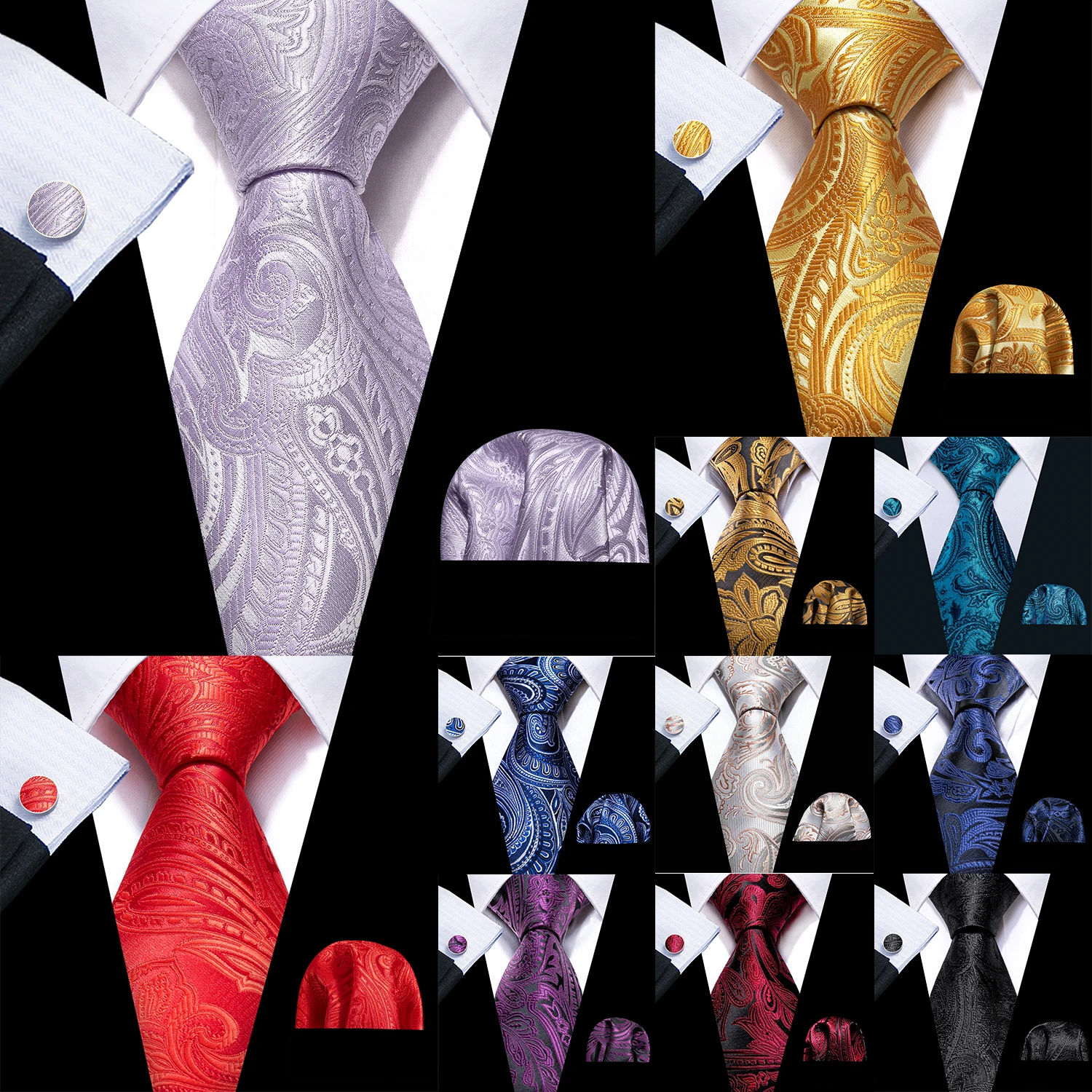 

Barry.Wang Floral Paisley Silk Men Tie Hankerchief Cufflinks Set Luxury Jacquard Necktie Cravat for Male Wedding Party Business