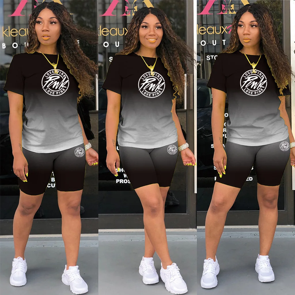 FAGADOER New 2022 Gradient Two Piece Sets Women PINK Letter Print Tshirt And Shorts Female Summer Fashion 2pcs Outfit Streetwear coord sets women